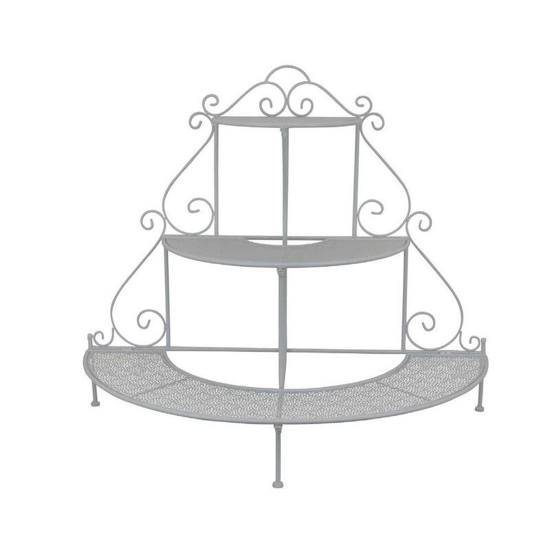 Lara Plant Stand with 3 Tier Half Round Shelves, White Metal 40 Inch