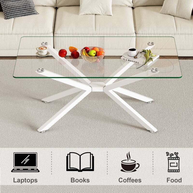 39.37" Rectangle Clear Glass Glass Coffee Table,Stylish Design with White Metal Legs, Coffee Table for Living Room