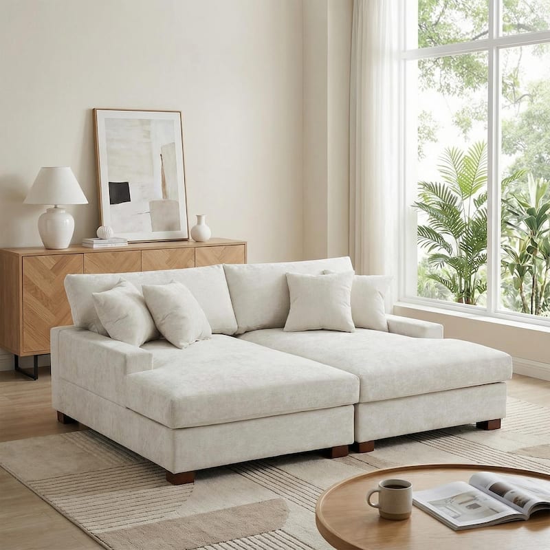 Modern Upholstered Chenille Modular Sectional Sofa with 2 Chaise - Off White-2 Piece