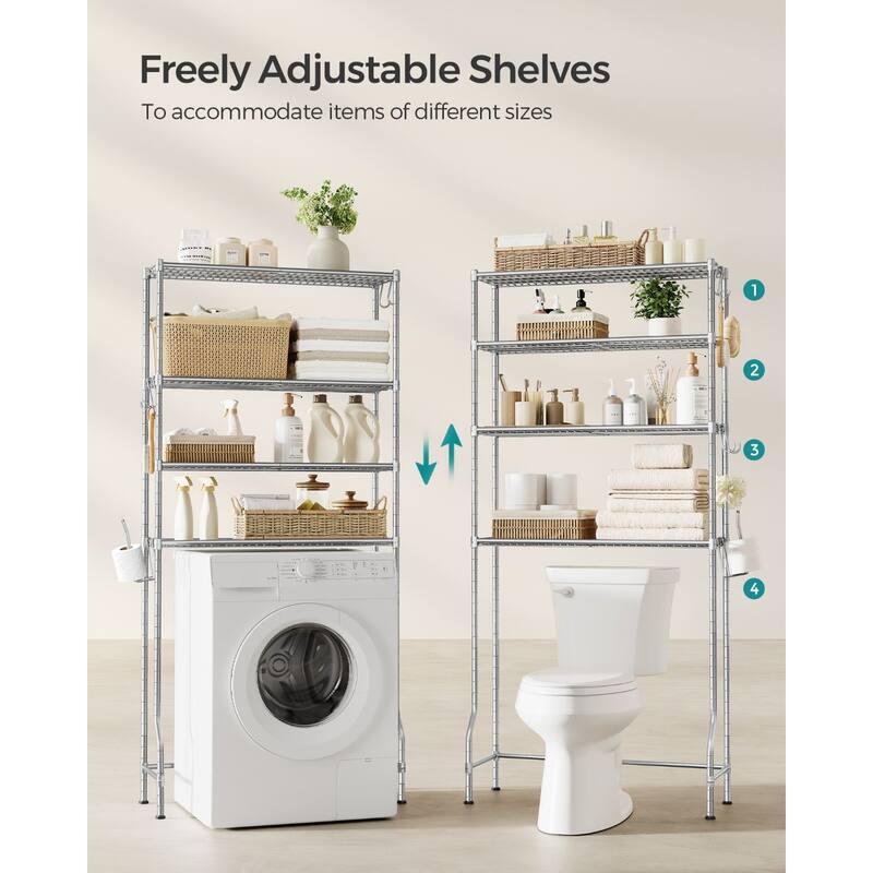 4-Tier Freestanding Metal Over-the-Toilet Storage Rack with 4 Adjustable Shelves and 4 Convenient Hoooks