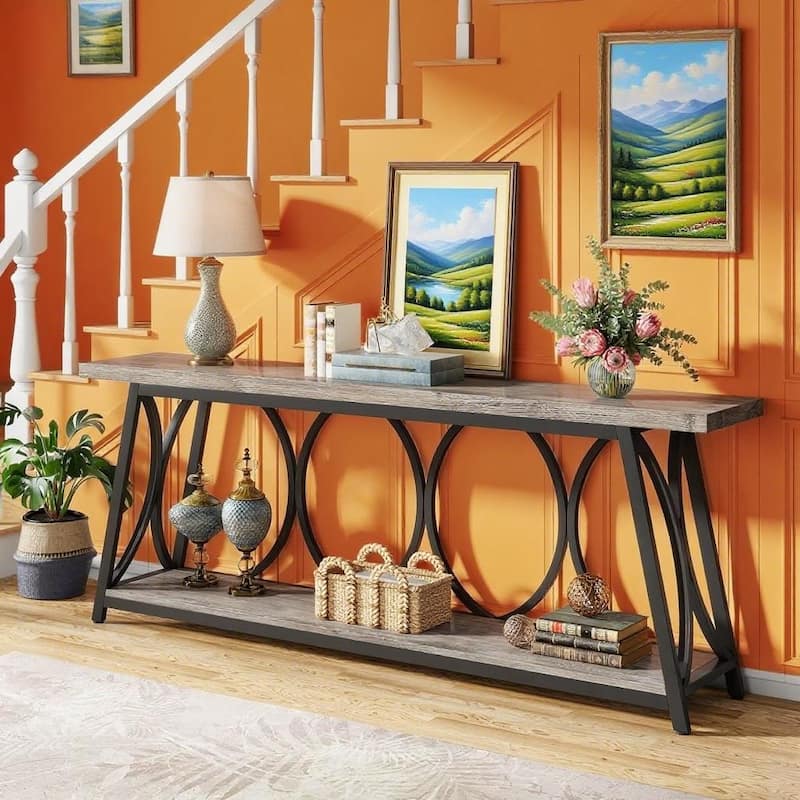 Particle Board Console Table Metal Frame with Shelf - 70.87” L x 11.81” W x 31.5” H
