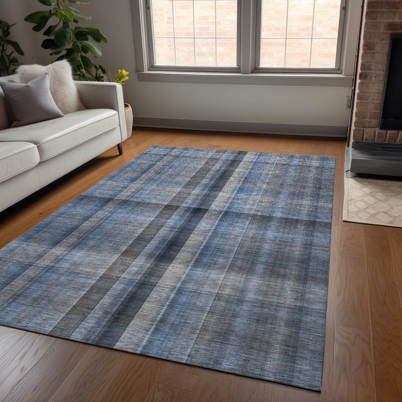 Machine Washable Indoor/ Outdoor Modern Plaid Chantille Rug - Blue - 9' x 12'