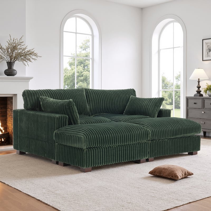 Oversied Plush Corduroy Fabric Modular Sectional Sofa with Chaise, Ottoman - Right Facing - Green-3 Pieces
