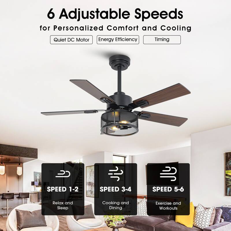 Vaczon 42" Modern Black 5-Blade Smart Ceiling Fan with Light Kit and APP Control