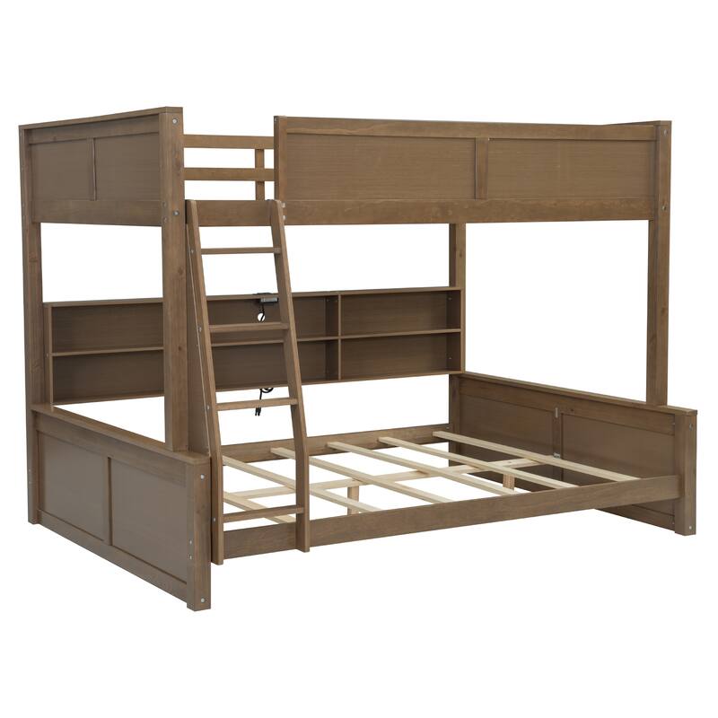 Wood Full XL over Queen Bunk Bed with Shelves, Storage Cabinets, USB Ports, Bunk Bed Frame w/Slats Support, No Box Spring Needed