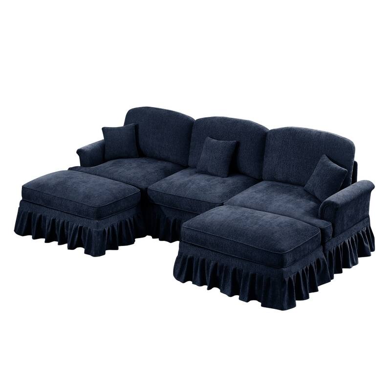 U-shaped Classic Modular Comfy Sectional Sofa with Ottomans & Ruffles Pleats Skirts