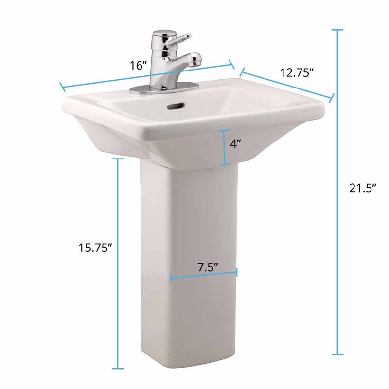 White Child Bathroom Pedestal Sink Faucet Holes with 4" Center Set Faucet, Drain With Overflow and P trap