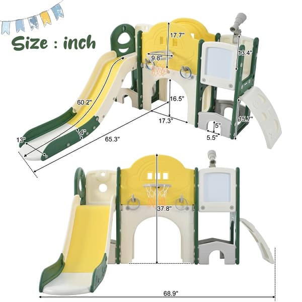 dimension image slide 2 of 3, 9 in 1 Toddler Slide Set, Toddler Climber Slide Playset with Arch Tunnel, Ring Toss, Drawing Whiteboardl and Basketball Hoop