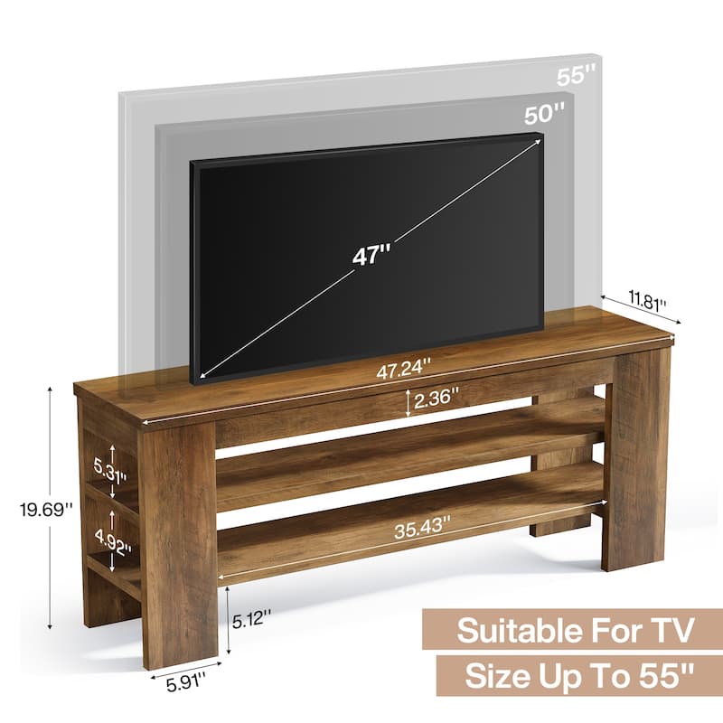 47'' Rustic Brown Wood 3-Tier TV Stand with Open Storage, Shoe Bench, Entryway Bench