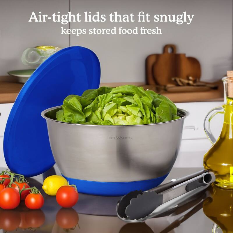 Belwares 5-Piece Stainless Steel Mixing Bowls with Airtight Lids and Graters - Non-Slip Nesting Bowls Set