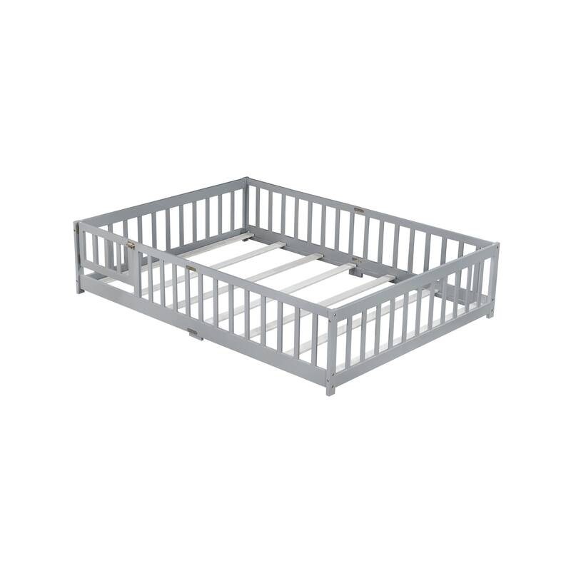 Roomfitters Twin/Full/Queen Rubber Wood Floor Bed with Fence and Swing Door, Safety Guardrails, Low Profile Design