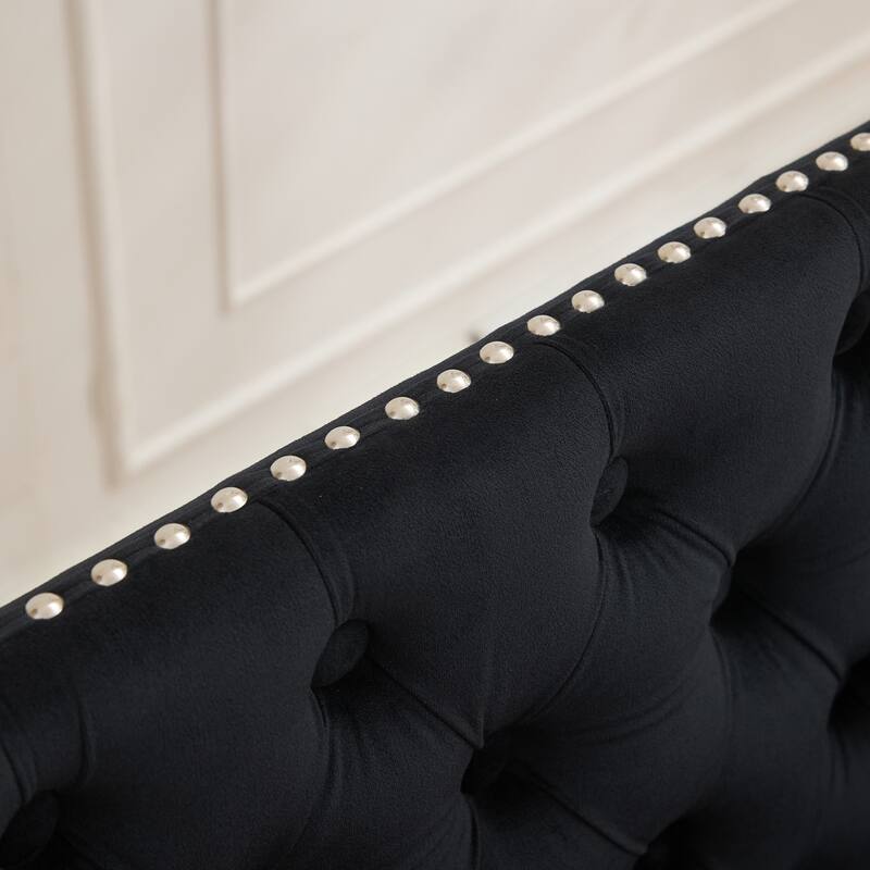 Velvet Double Dining Loveseat Bench, 2-Seat Tufted Bench w/Handmade Buttons, Wing Back, Gold-Plated Steel Legs, Single Pack