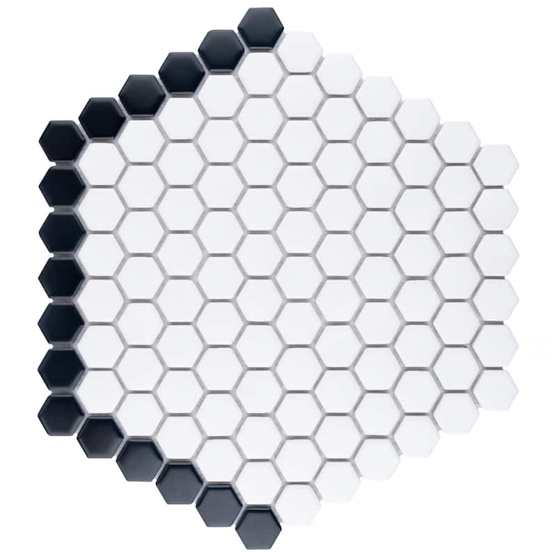 Merola Tile Metro Geo 1" Hex Matte White w/Black Edge 10-1/2" x 11-5/8" Porcelain Mosaic Floor and Wall Tile