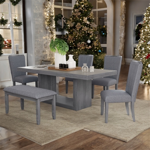 SUNMORYSHOP Contemporary 6 Piece 78 Extendable Pedestal Dining Table Set with 18 Removable Leaf Dining Bench 4 Upholstered Chairs Grey