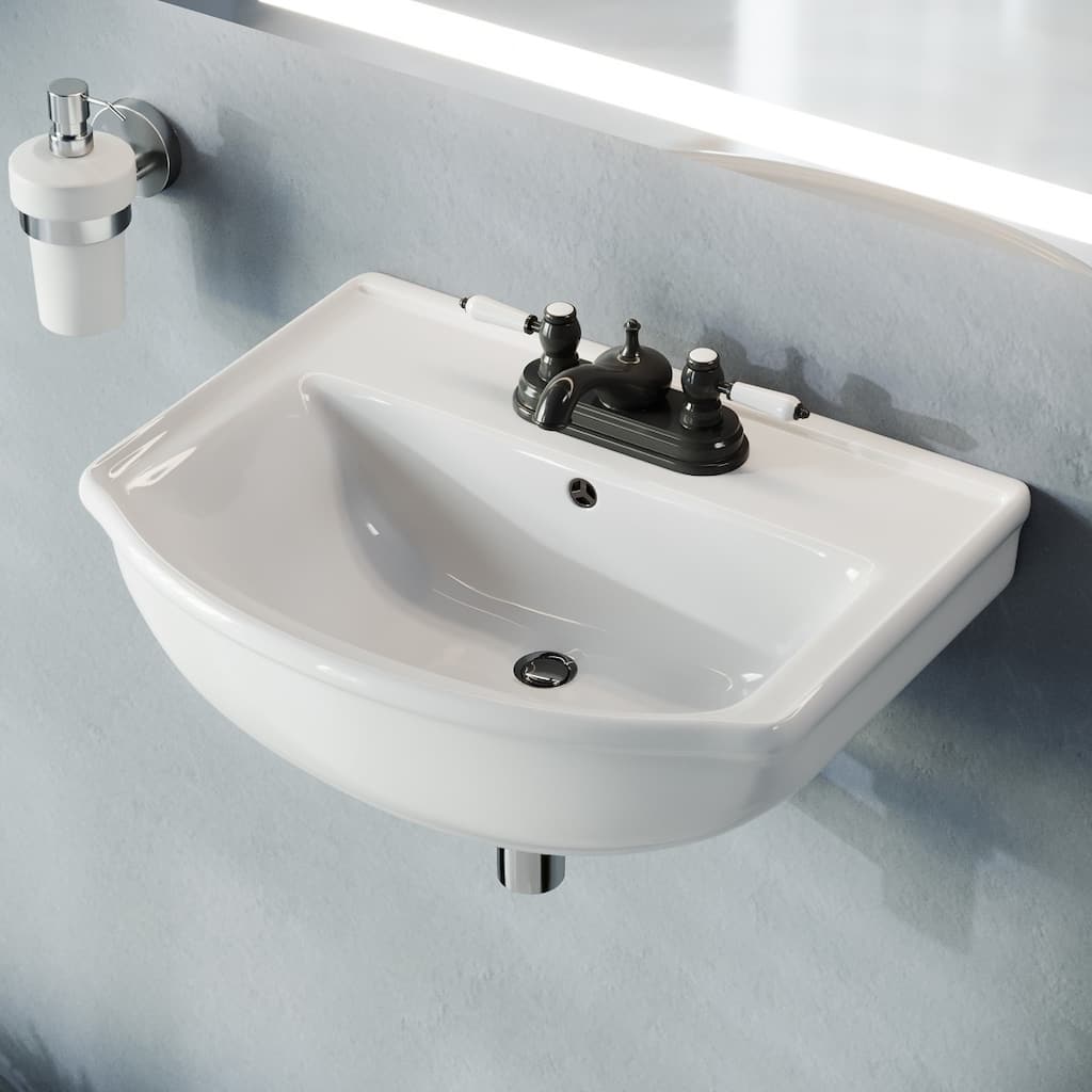 Tahoe White Ceramic Wall Hung Vessel Sink with Overflow and 4" Centerset Faucet Holes