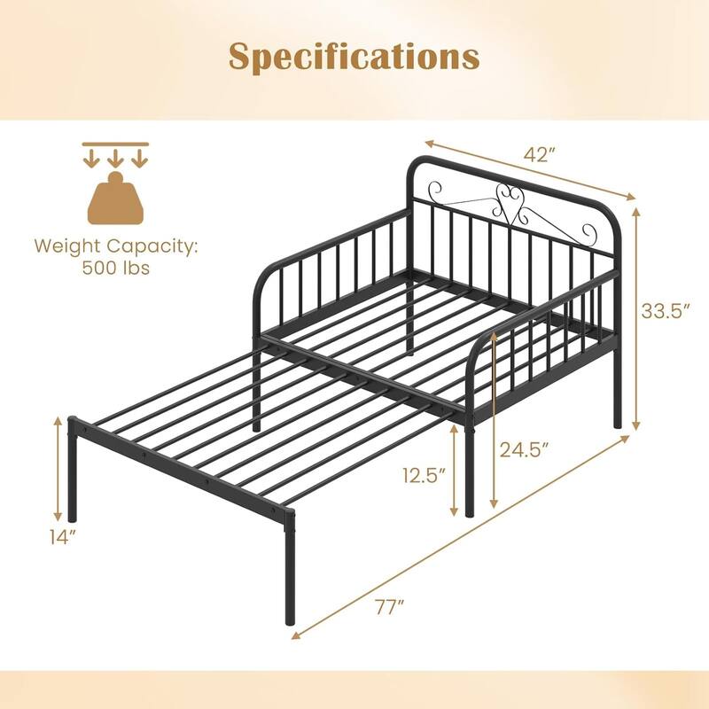 Metal Twin Bed Frame Convertible Sofa Bed w/ Headboard & Armrests - Black