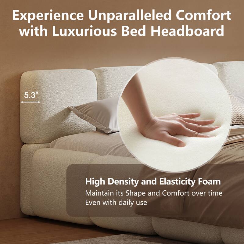 Embedded Platform Bed with Square Plush Upholstery Headboard White