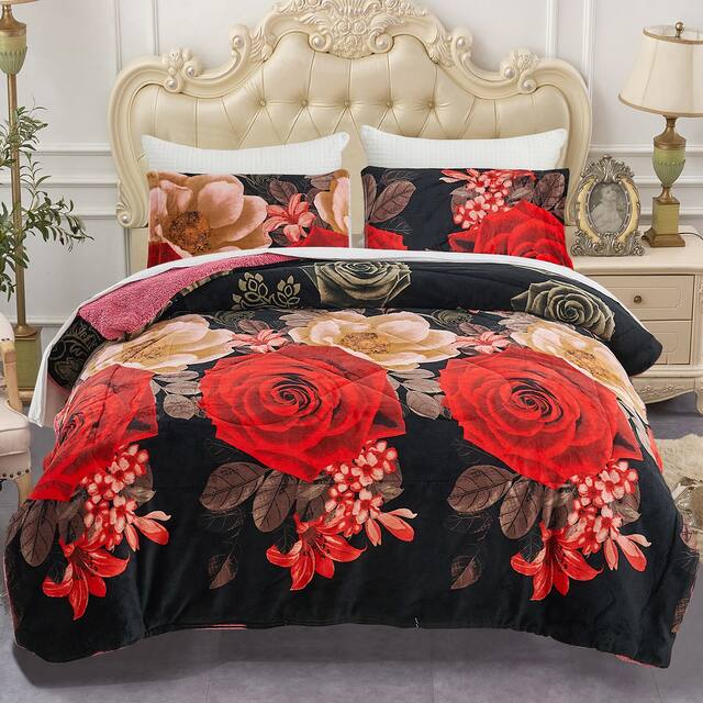 3-Piece Floral Printed Sherpa-Backing Reversible Comforter Set