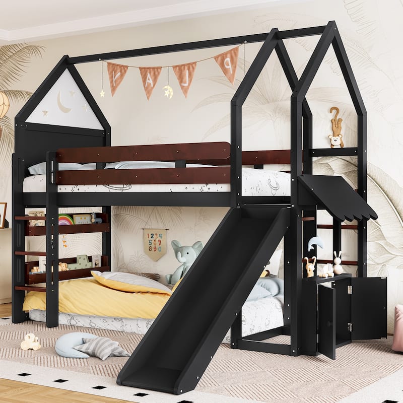 Playful House Bed Starry Moon Cottage Twin Size Loft Bed with Built-in Bookshelves, Reversible Slide and Front & Side Ladders - Black - Twin