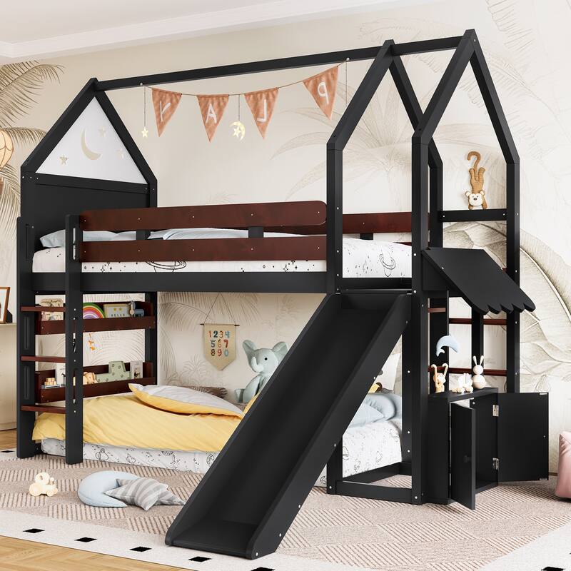 Roomfitters House Loft Bed with Slide and Bookshelf, Star Moon Roof Design