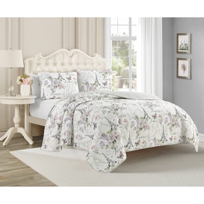CEDAR COURT Paris Floral Pink Cotton 3 PC Reversible Quilt Bedding Set