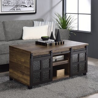 Coffee Table with 2 Glass Sliding Barn Doors and Pull-Out Tray - Bed ...