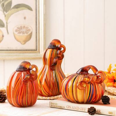 Glitzhome Handblown Multi Striped Glass Gourd Pumpkins