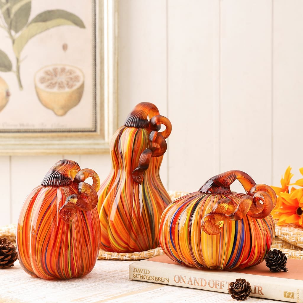 Glitzhome Thanksgiving Handblown Glass Pumpkins Set Fall Harvest Table Centerpieces