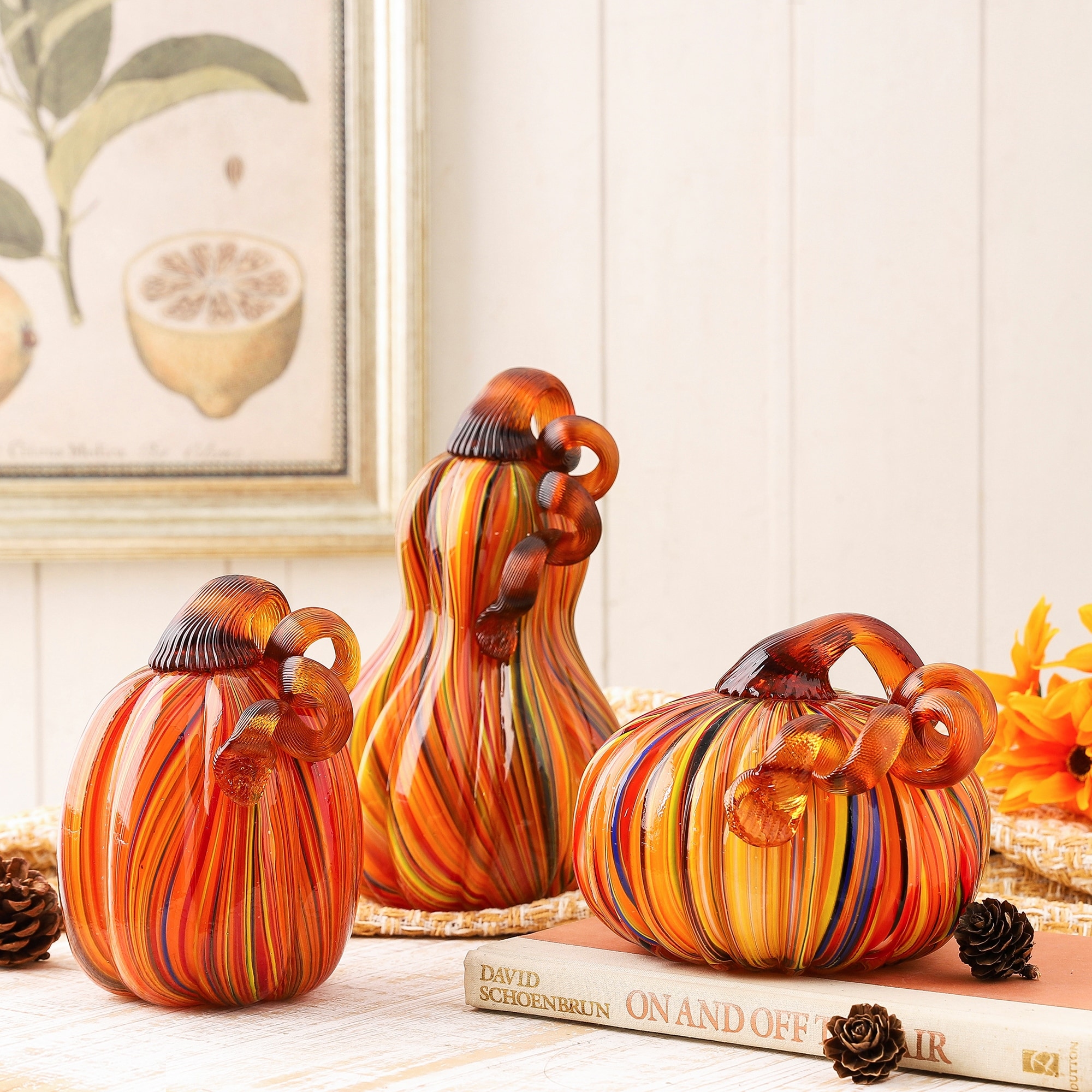 Glitzhome Thanksgiving Handblown Glass Pumpkins Set Fall Harvest Table Centerpieces