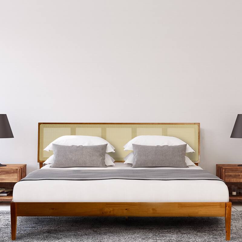 Crawford Solid Wood Bed with Woven Cane Headboard