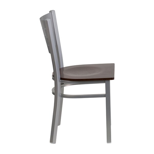 Silver Slat Back Metal Restaurant Chair With Walnut Wood Seat 