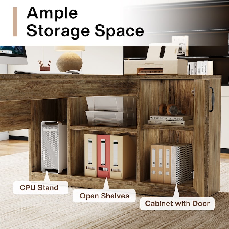 70.8" L-Shaped Executive Desk with File Cabinet and Storage Shelves, Large Office Computer Desk for Home Office