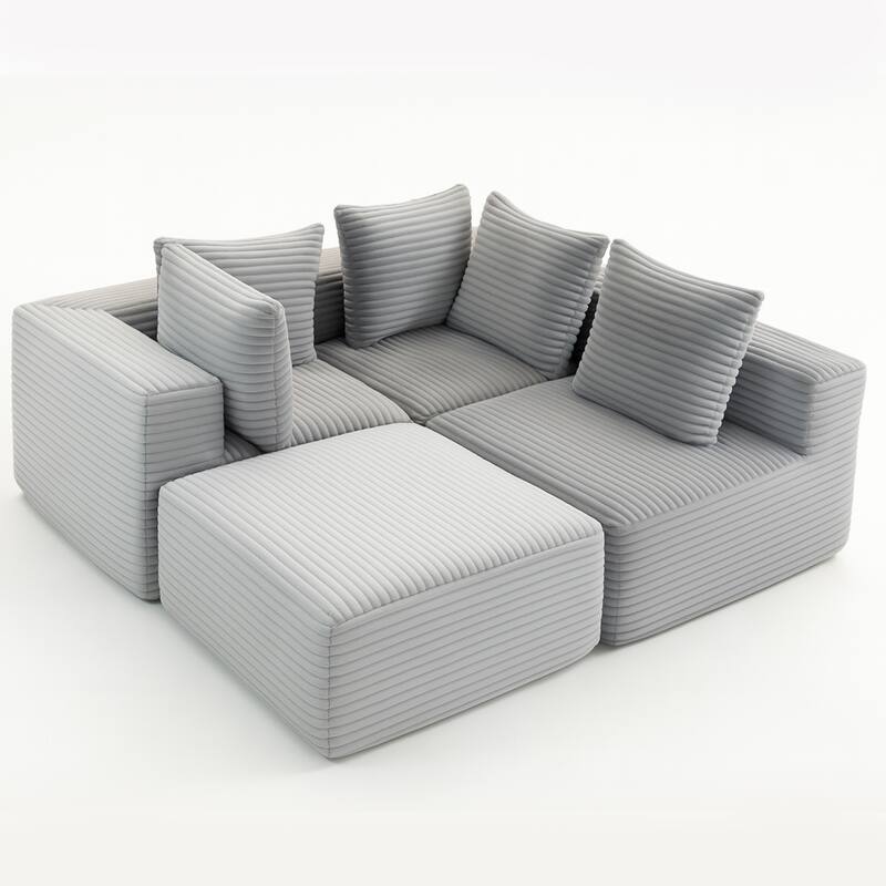Grey Corduroy Modular Sectional Sofa 4 Seat Magic Cube Design 107" Wide No Assembly Required Compressed Foam Cushions