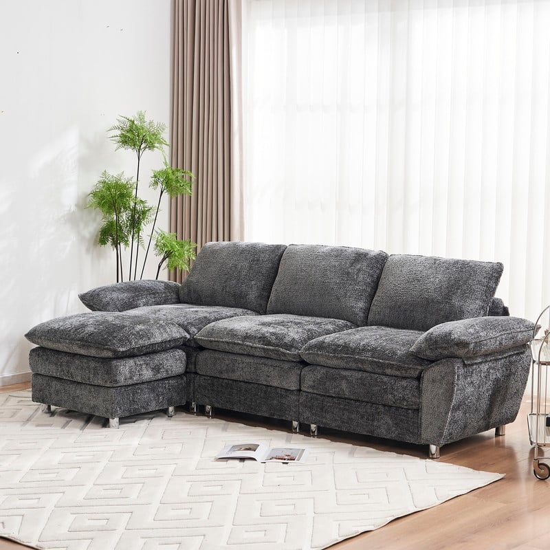 Modern Upholstered Living Room L Shaped Sofa,Comfy Sofa Couch with Ottoman and Pillow Arms