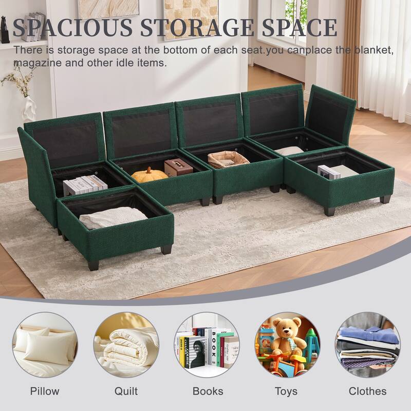 HOMEFUN 6-Seat Polyester Upholstered U-Shaped Modular Storage Sleeper Sectional Sofa with Storage Ottoman