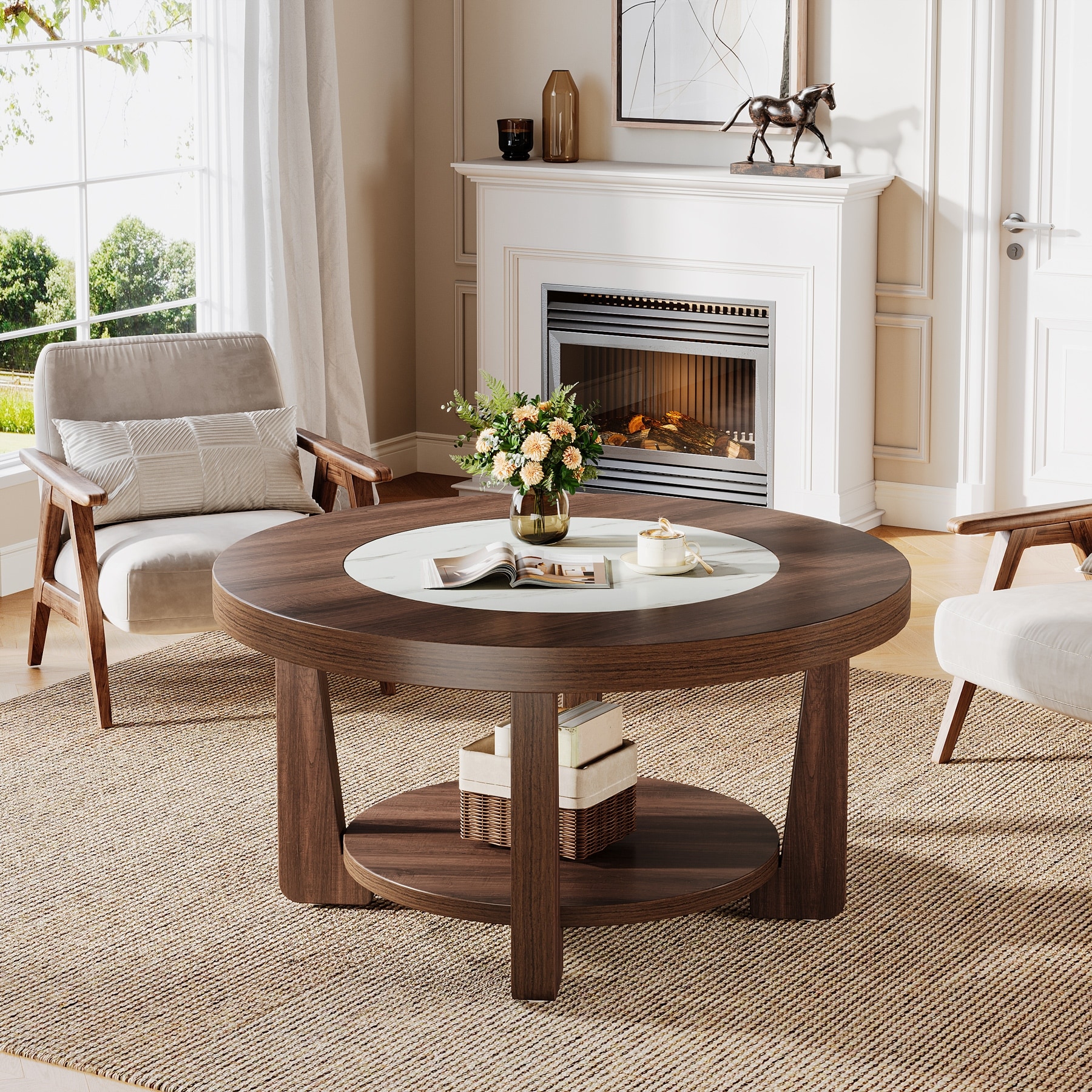 31.5-inch Industrial Wooden Round Coffee Table for Living Room