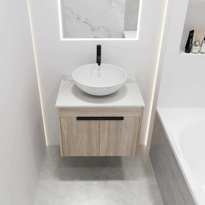 24 " Float Bathroom Vanity With Ceramic Basin Set,Wall Mounted White Oak Vanity With Soft Close Door,2 Pieces Parcel