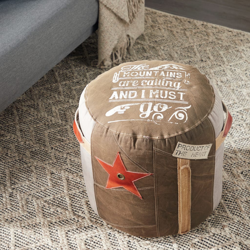 Brown Canvas Pouf with Leather Accents
