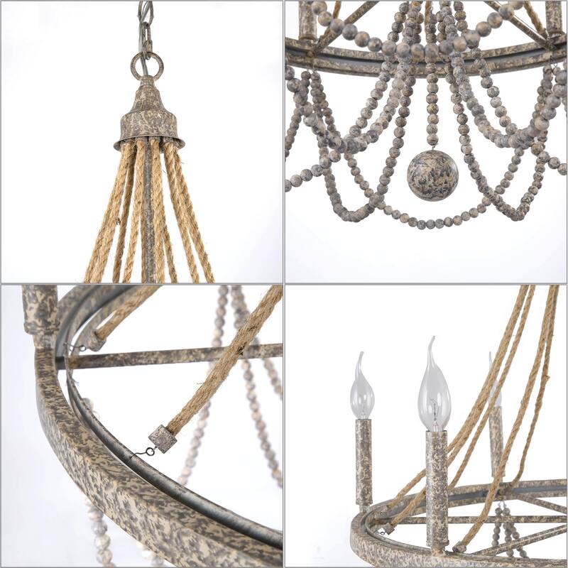 Farmhouse 6-Light Empire Wagon Wheel Chandelier Boho Wood Beaded Light for Dining Room - L25.5"xW25.5"xH37"