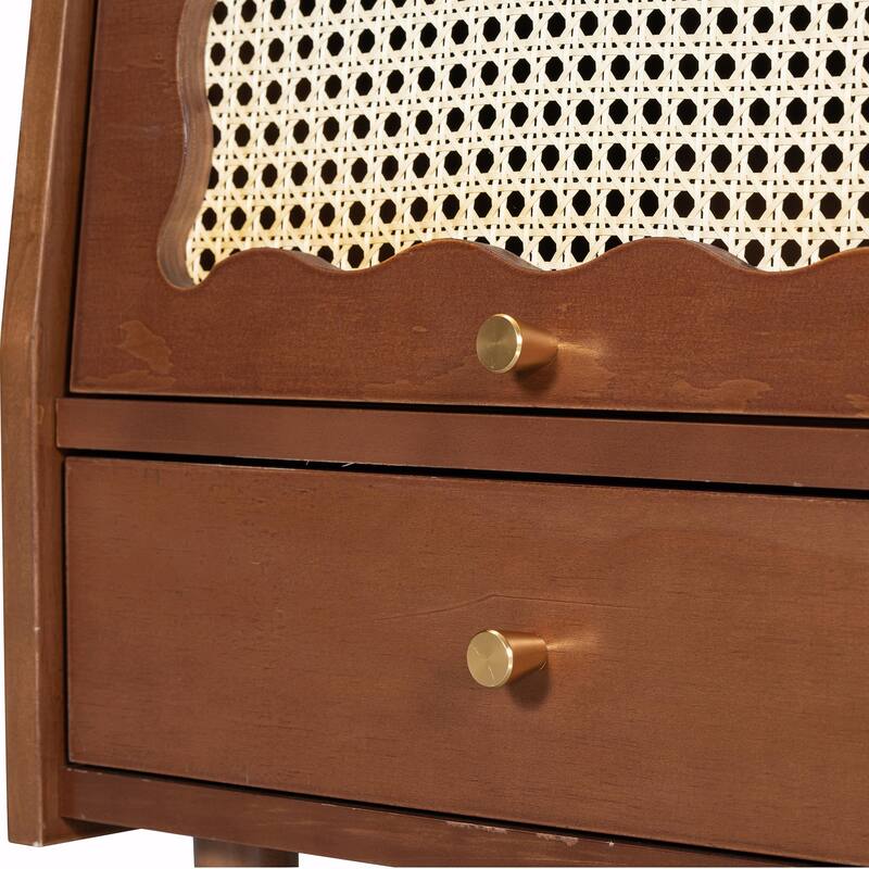Wooden Nightstand with Rattan Storage Cabinet and 1 Drawer