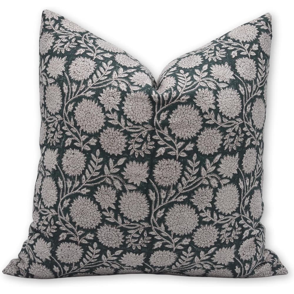 Fabdivine Handmade Fall Pillow Cover Floral Green Thick Linen for Sofa, Bed and Lounge Hidden Zipper Cushioncase, Rajat