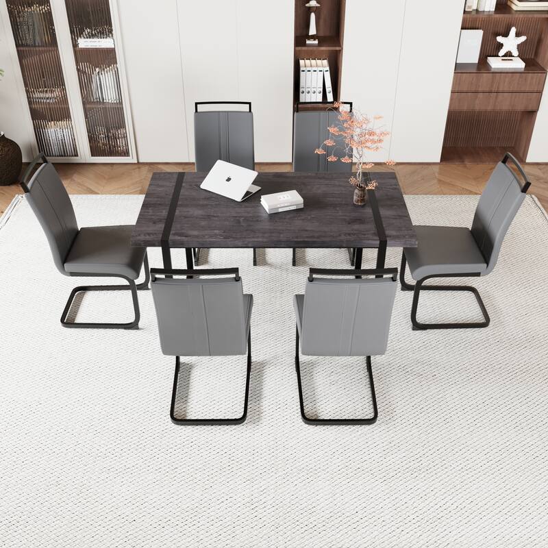 Modern Dining Set with Rectangular MDF Black Table & High Back C-shaped Tube Chairs