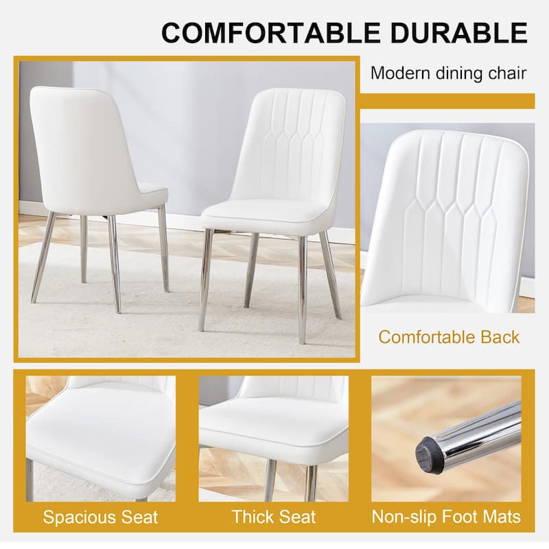 4 modern dining chairs, sleek PU leather backrest, and silver metal legs bring a comfortable home experience