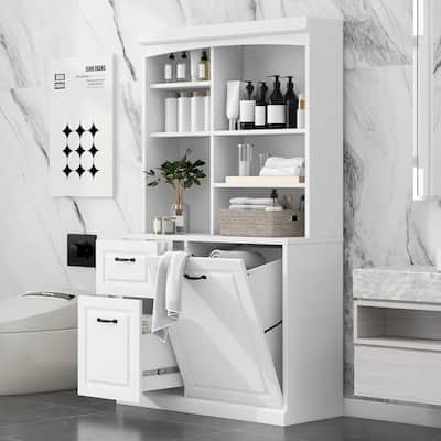Bathroom Storage Cabinet with Tilt-Out Hamper, 70.9'' Tall Free Standing Organizer with Drawers & Adjustable Shelves