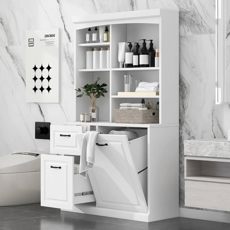 Modern Bathroom Cabinet, Freestanding Linen Tower with Slanted Storage Basket 2 Drawers and Adjustable Shelves, for Bathroom