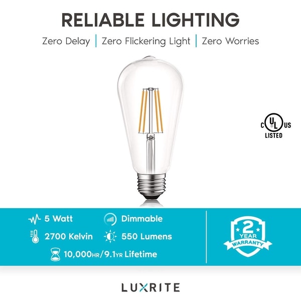 Luxrite Vintage LED Edison Bulb 60W Equivalent ST19 ST58 2700K Warm White 550 Lumens Dimmable E26 Base 6 Pack On Sale Bed Bath Beyond 28958657