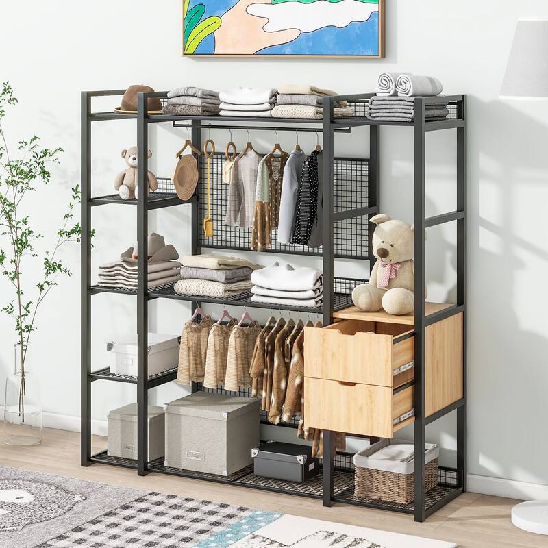 Open-Style Wardrobe with Hanging Rails, Shelves and Drawers - N/A