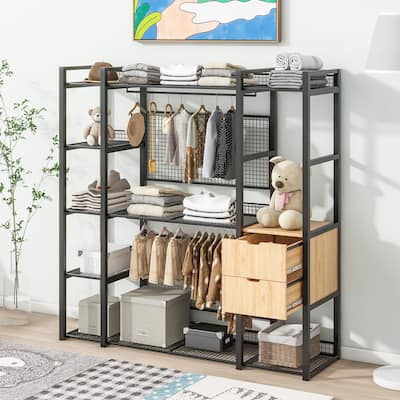 Open-Style Wardrobe with Hanging Rails, Shelves and Drawers - N/A