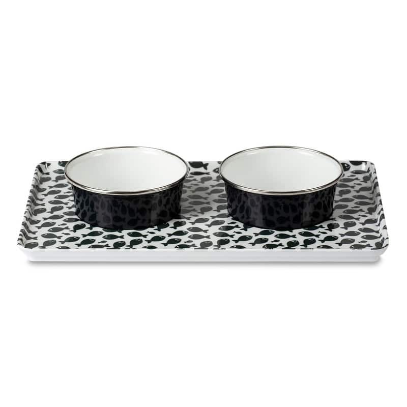 Sit-n-Stay Small Magnetic Non-Slip Pet Tray & Food Bowl Set Gray Fish - Multi