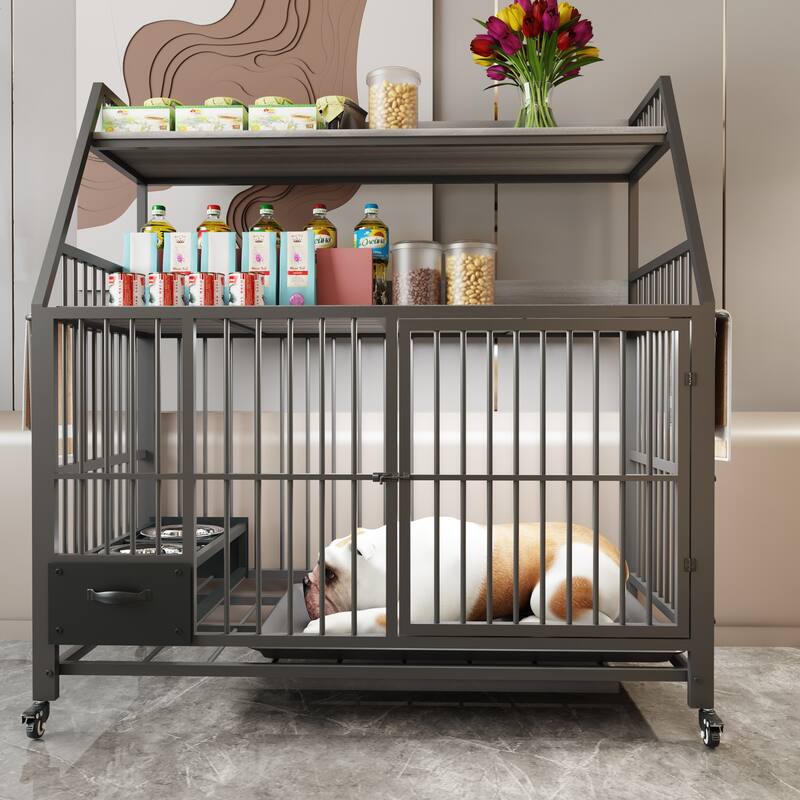 Large Pet Cage with Storage Rack, Drawers with Food and Water Basins, Double-Layer Storage Rack, Iron Frame and MDF Material